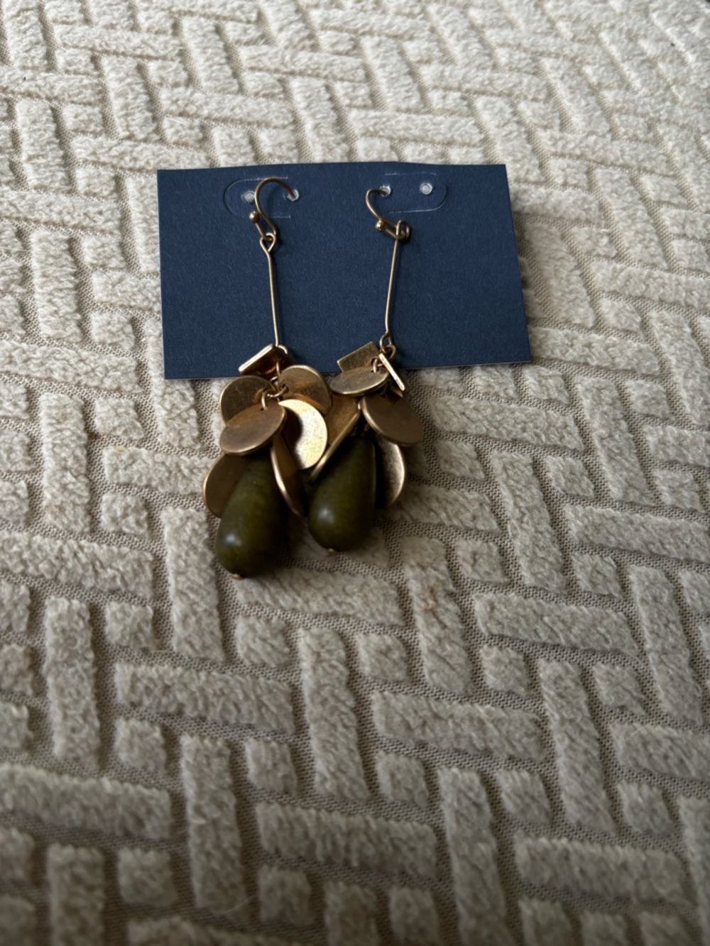 Boho Gold Tone Disc & Olive Stone Dangle Earrings Statement Drop Earrings - Picture 5 of 6